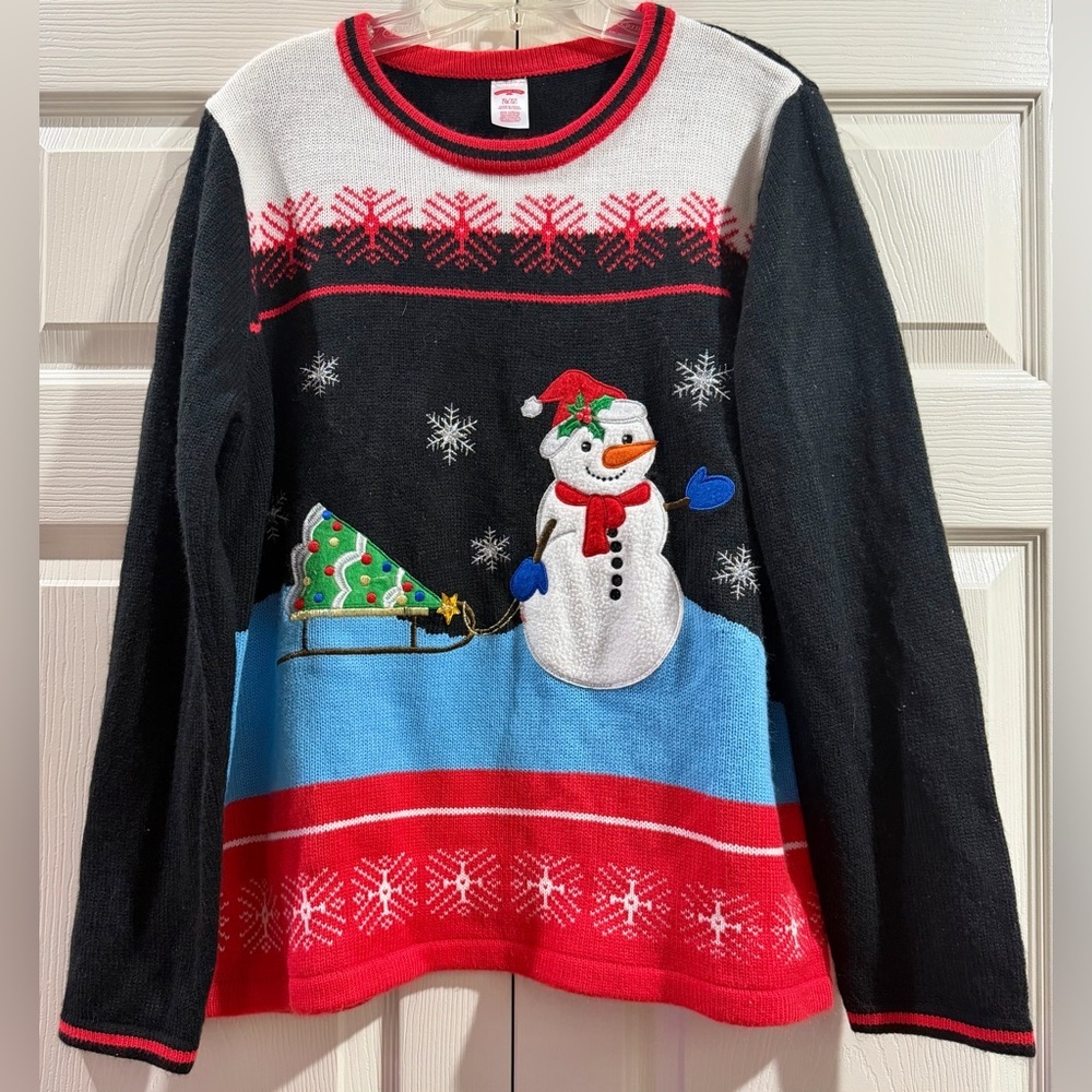 Cute Ugly Snowman Holiday Time Christmas Pullover Sweater XL 16/18